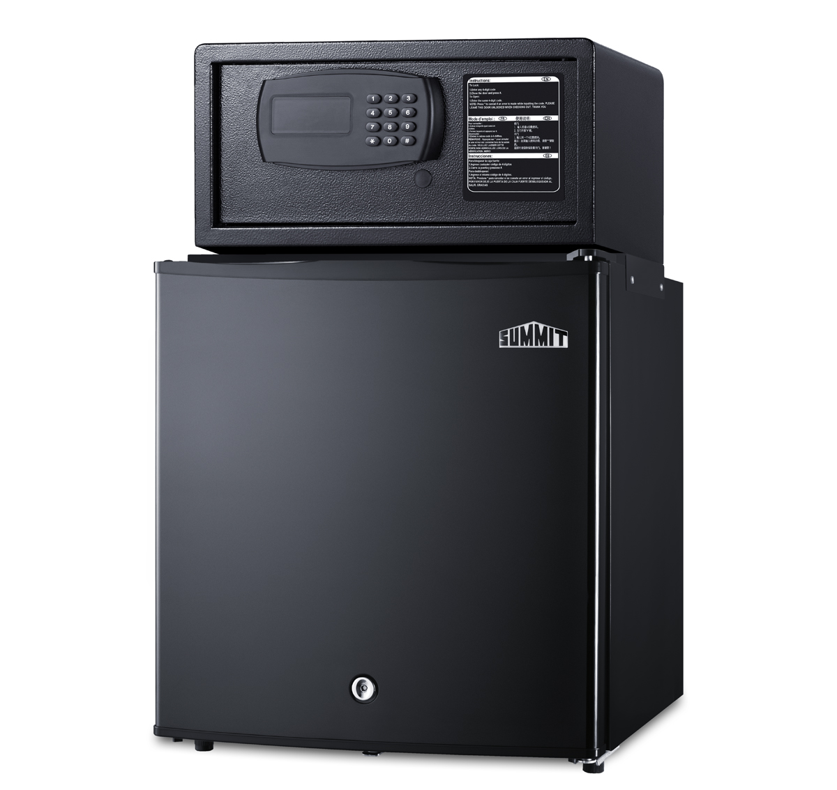 Compact minibar with front lock and black exterior with an in-room hotel safe in black with digital keypad lock
